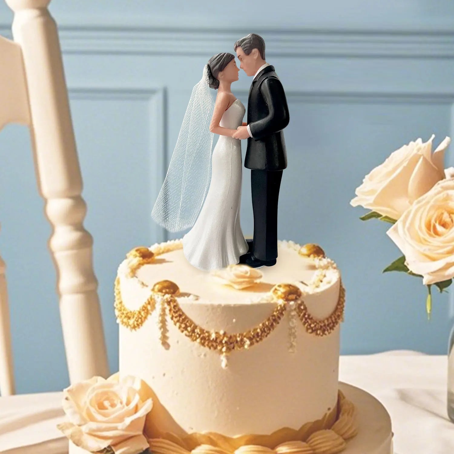 Elegant Bride &amp; Groom Wedding Cake Topper with Veil 4.3" - Anniversary, Bridal Shower, Engagement Party Decoration