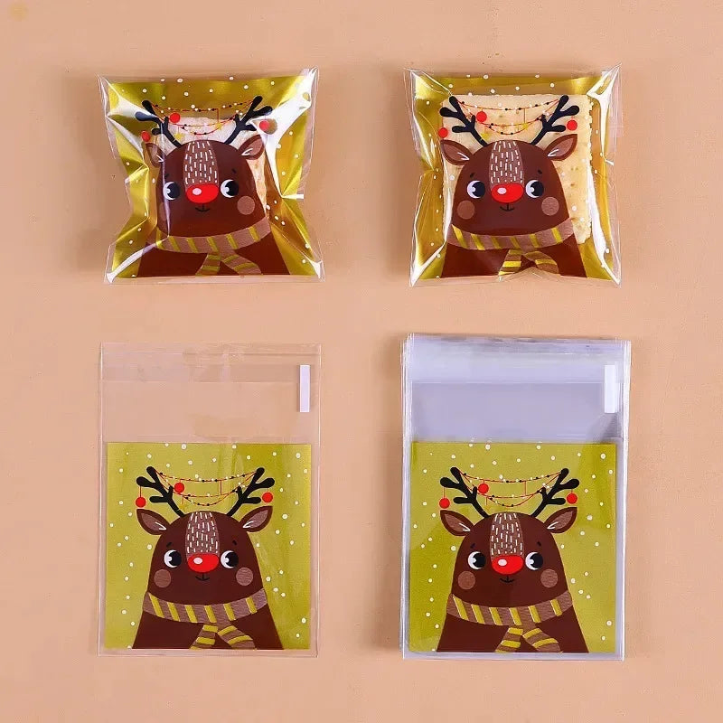 Christmas Candy Bag, Santa Claus/snowman/deer, Plastic Self-adhesive Self Sealing Bag, Suitable for Food Baking Products,100pcs