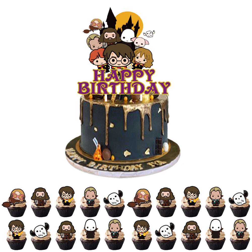 Magic Academy Theme Cake Decoration Cartoon Magician Paper Cupcake Topper for Kids Birthday Party Cake Decoration Supplies
