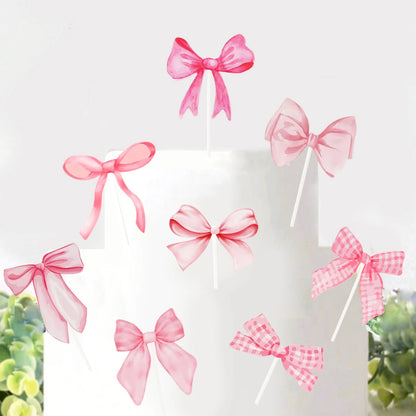 16pcs Pink Bow Shaped Cake Topper Happy Birthday Party Decoration Kids Girl Wedding Baby Shower Party Supplies Cupcake Decor