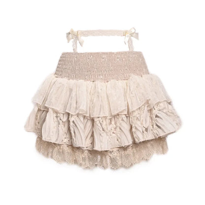 Blood Supply Women Ballet Court Mini Skirt French Elastic Waist Jacquard Lace Mesh Cake Culotte Skirt Apricot Ball Gown Skirts
