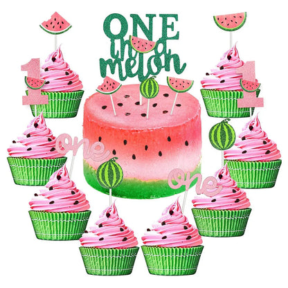One in a Melon Cupcake Topper Baby Kids 1st Birthday Party Cake Decor Watermelon Themed Party Supplies Baby Shower Girl Birthday