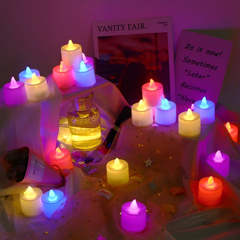 12-1Pcs Colorful LED Candles Battery Operated Flameless Tealight Fake Candles Lamp Wedding Birthday Party Home Decoration Lights