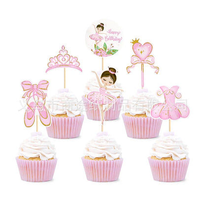 Pink Ballerina Girl Cake Topper Toppers Crown Dress Kids Happy Birthday Wedding Party Baby Shower Baking Cake Dessert DIY Decor