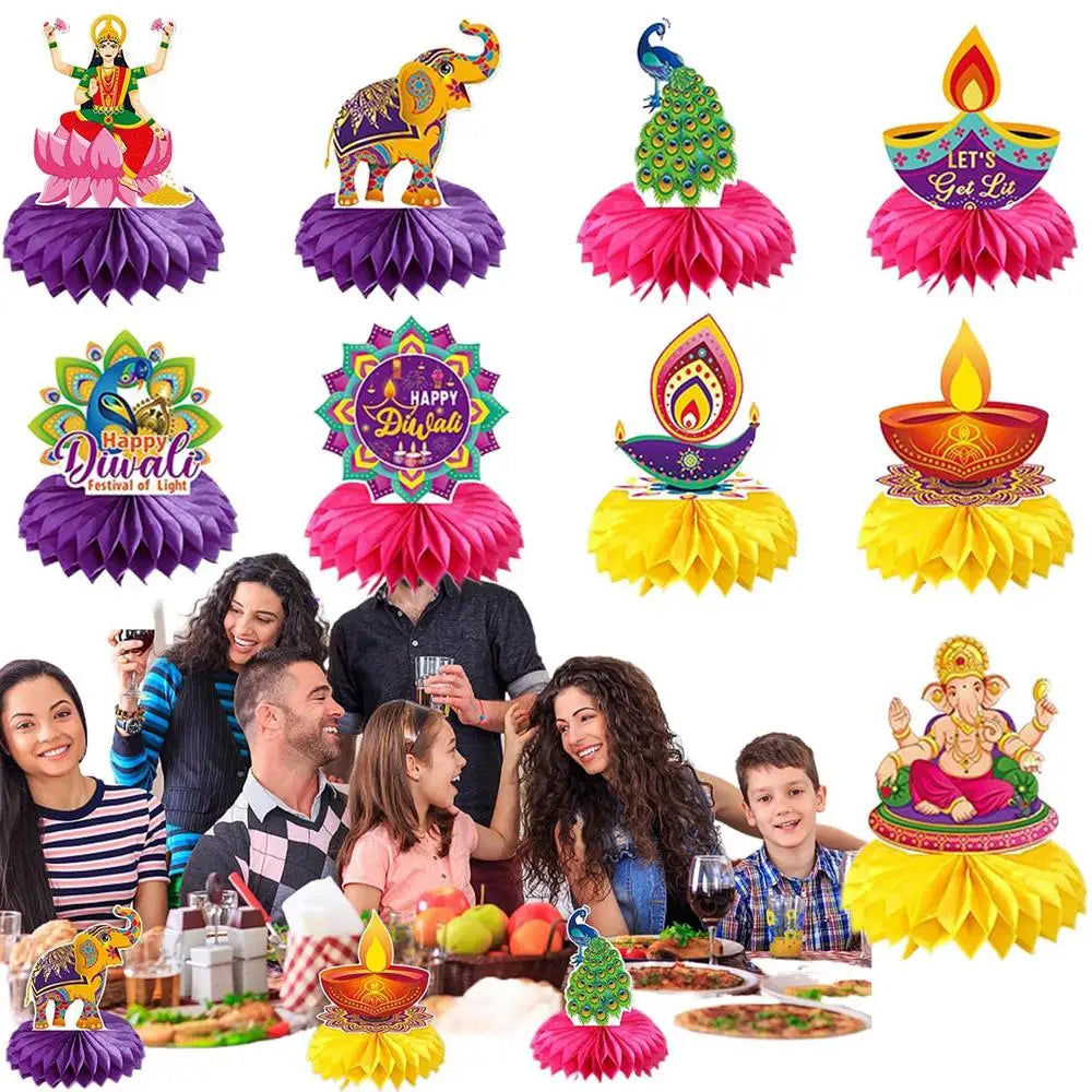 Cutout Decorations for Diwali 9X 3D Paper Crafts Table Topper Double Sided Festive Desktop Ornaments Lights Event Honeycombs for