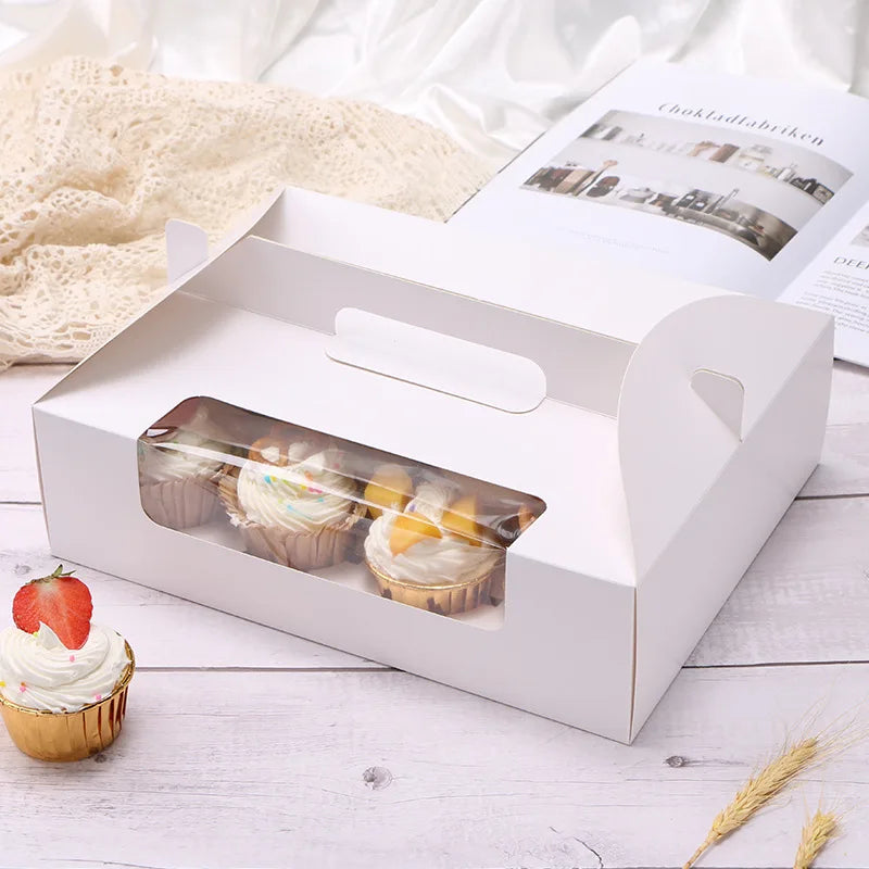 10pcs 12Cups Cake Boxes Thickened White Cardboard Portable Cupcake Packaging Box Small Dessert Baking Gift Bags Party Supplies