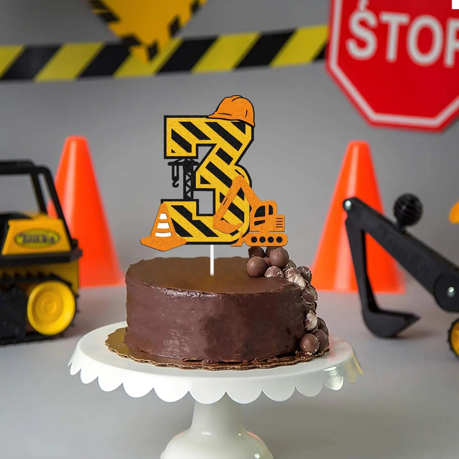 Construction Excavator 1 2 3 4th Happy Birthday Cake Topper Digging Machine Crane Baby Shower Kids Engineering  Party Supplies