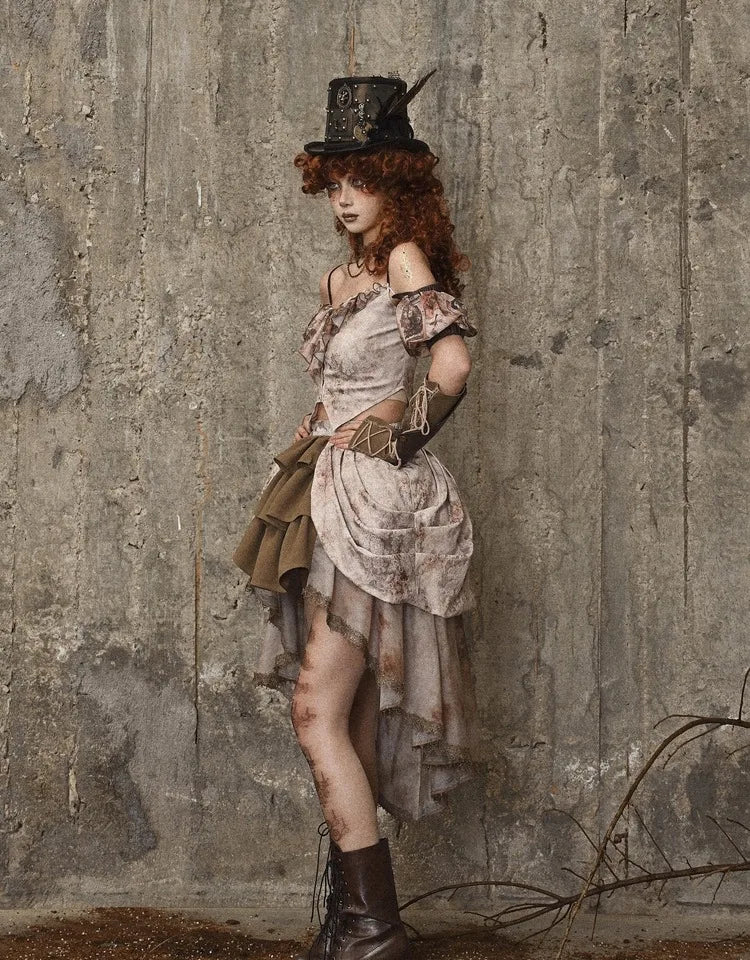 Blood Supply Original Gothic Autumn Ball Gown Dobby Asymmetric Skirt Lace Tie-dyed Multi Layers Mid Cake Skirt