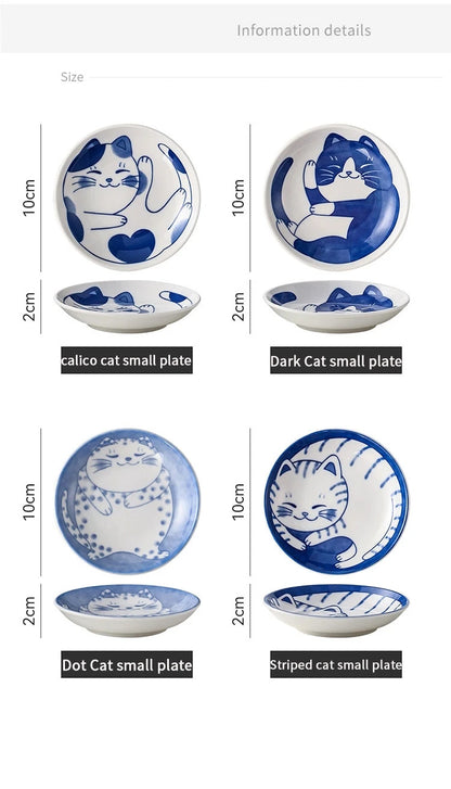 Japanese Style Ceramic Dessert Sauce Dish Tableware Creative Cute Cartoon Lucky Cat Pattern Water Drop Shape Fruit Sushi Plates