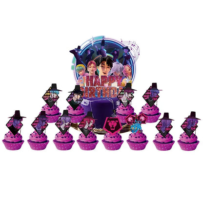Demon Hunters Paper Cupcakes Topper Decor Birthday Cake Topper Set K-pop Anime Movie Demon Hunters Girls Party Cake Decoration