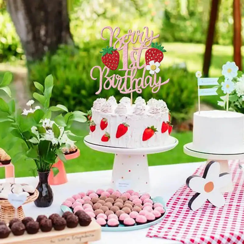 1set Strawberry Cake Topper Happy Birthday Decoration Girl 1st Birthday Party Baby Shower Cake Baking Decoration Supplies