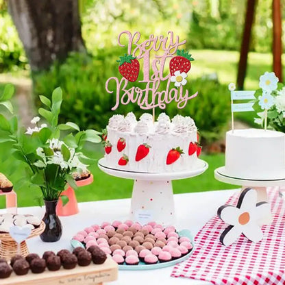 1set Strawberry Cake Topper Happy Birthday Decoration Girl 1st Birthday Party Baby Shower Cake Baking Decoration Supplies