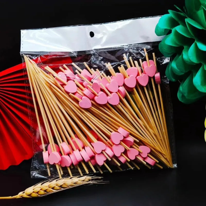 50/100Pcs/set Red Heart Fruit Sticks Disposable Bamboo Sticks Valentines Day Party Supplies Wedding Bridal Shower Birthday Decor