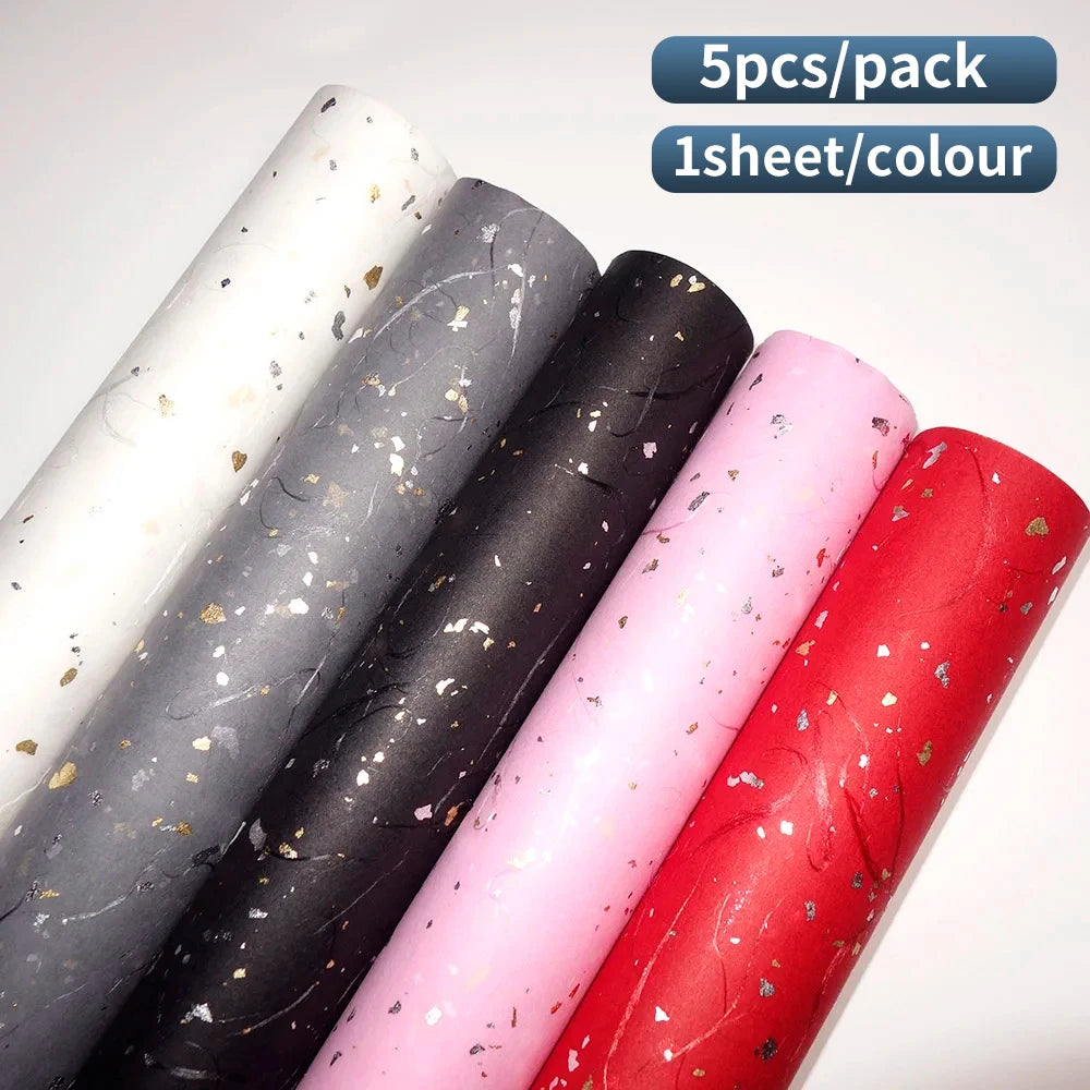 Korean Floral Wrapping Paper Set – 5 Sheets in 6 Colors with Gold/Silver Sparkle Accents