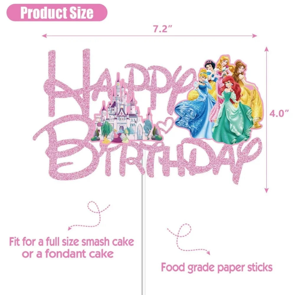 Disney Princess Cake Toppers Pink Glitter Princess Cake Decor For Baby Shower Kids Girls Birthday Party Cake Flag Decorations