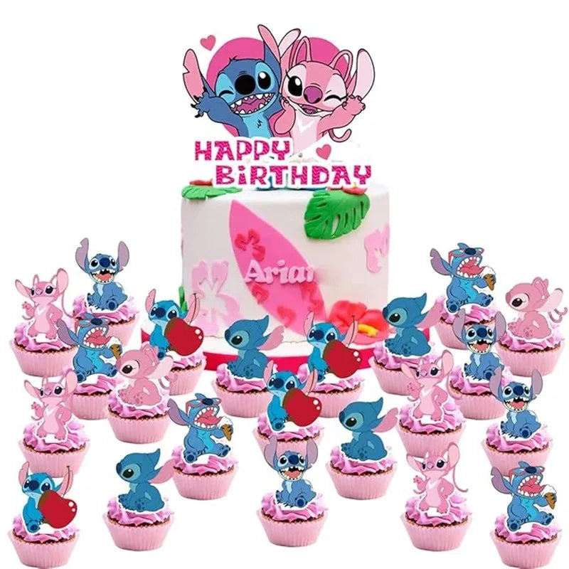 Lilo &amp; Stitch Blue Glitter Cake Toppers Kids Favor Pink Angel Party Cake Topper Cupcake Topper for Kid Birthday Decor Baby Showe
