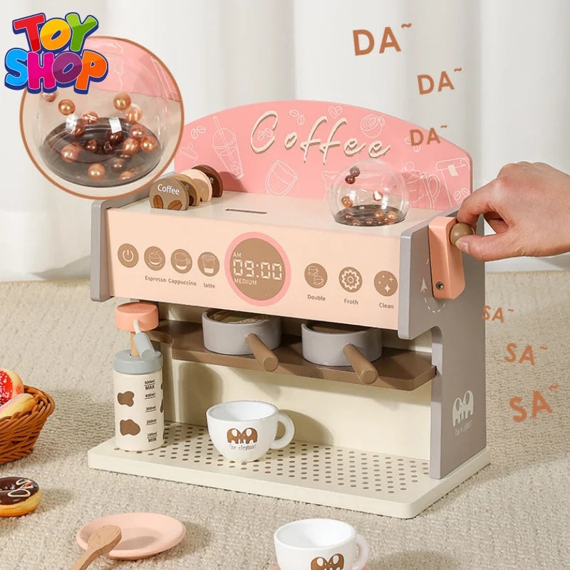 Children Coffee Machine Toy Set Wooden Kitchen Supplies Coffee Machine Model Children Play Simulation Coffee Cake Pretend Toys