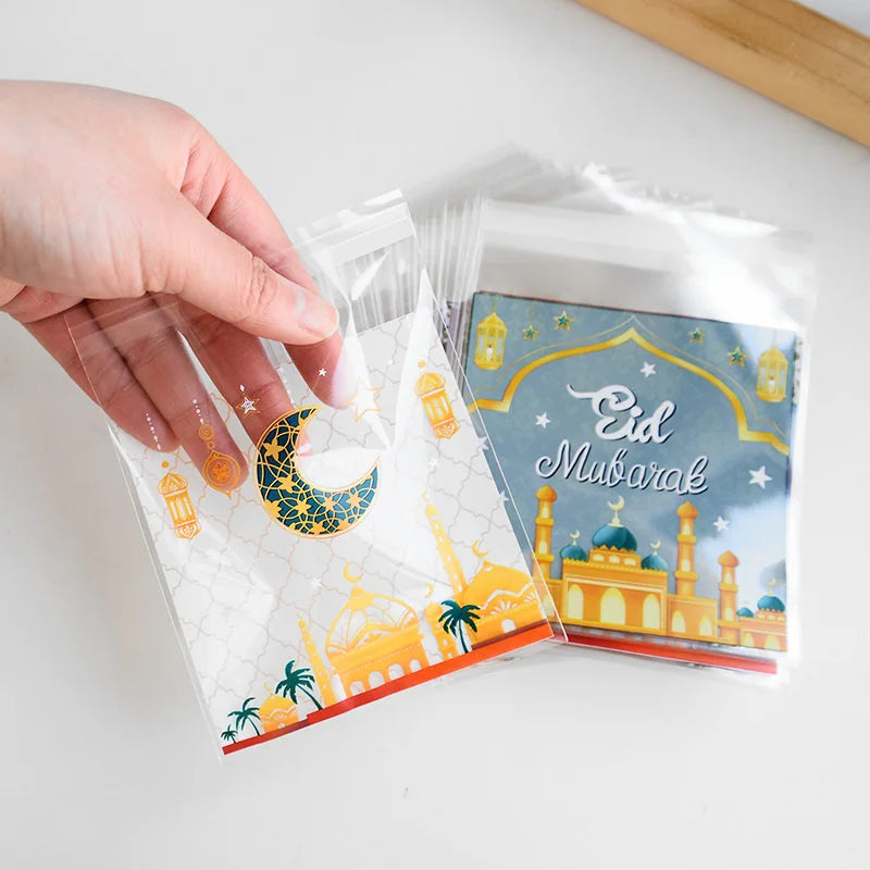 100Pcs Eid Mubarak Candy Cookie Bag Plastic Moon Star Gift Baking Packing Bags 2025 Muslim Islamic Party Supplies Ramadan Kareem