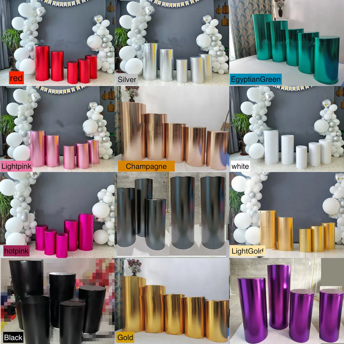 5pcs COVERS for Metal Cylinder Pedestals Covers Backdrop Party Decor Supplies Shiny Colum Cover Cake Table Banner Background
