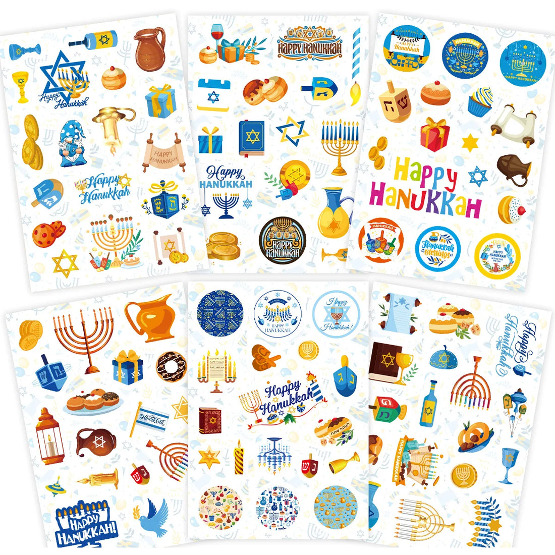 6 Sheets Cartoon Hanukkah Theme Candle Sealing Sticker Chanukah Round Gift Box Label for Jewish Happy Hanukkah Party Decoration