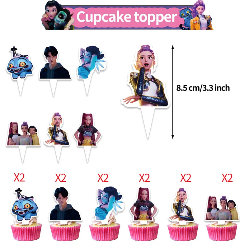 Demon Hunters Paper Cupcakes Topper Decor Birthday Cake Topper Set K-pop Anime Movie Demon Hunters Girls Party Cake Decoration