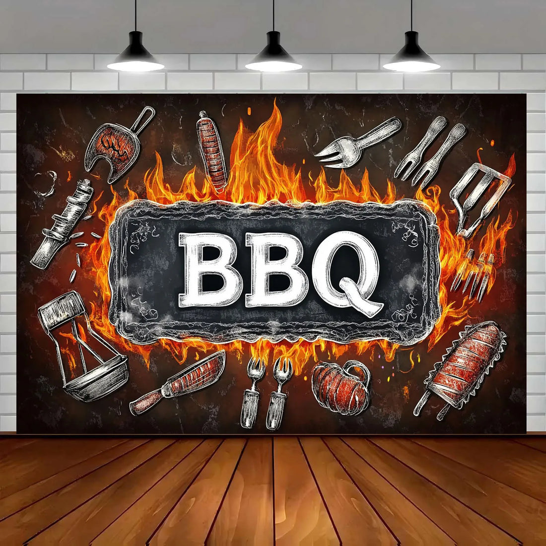 1 barbecue party banner background - polyester fabric, featuring bold barbecue letters and barbecue tool designs