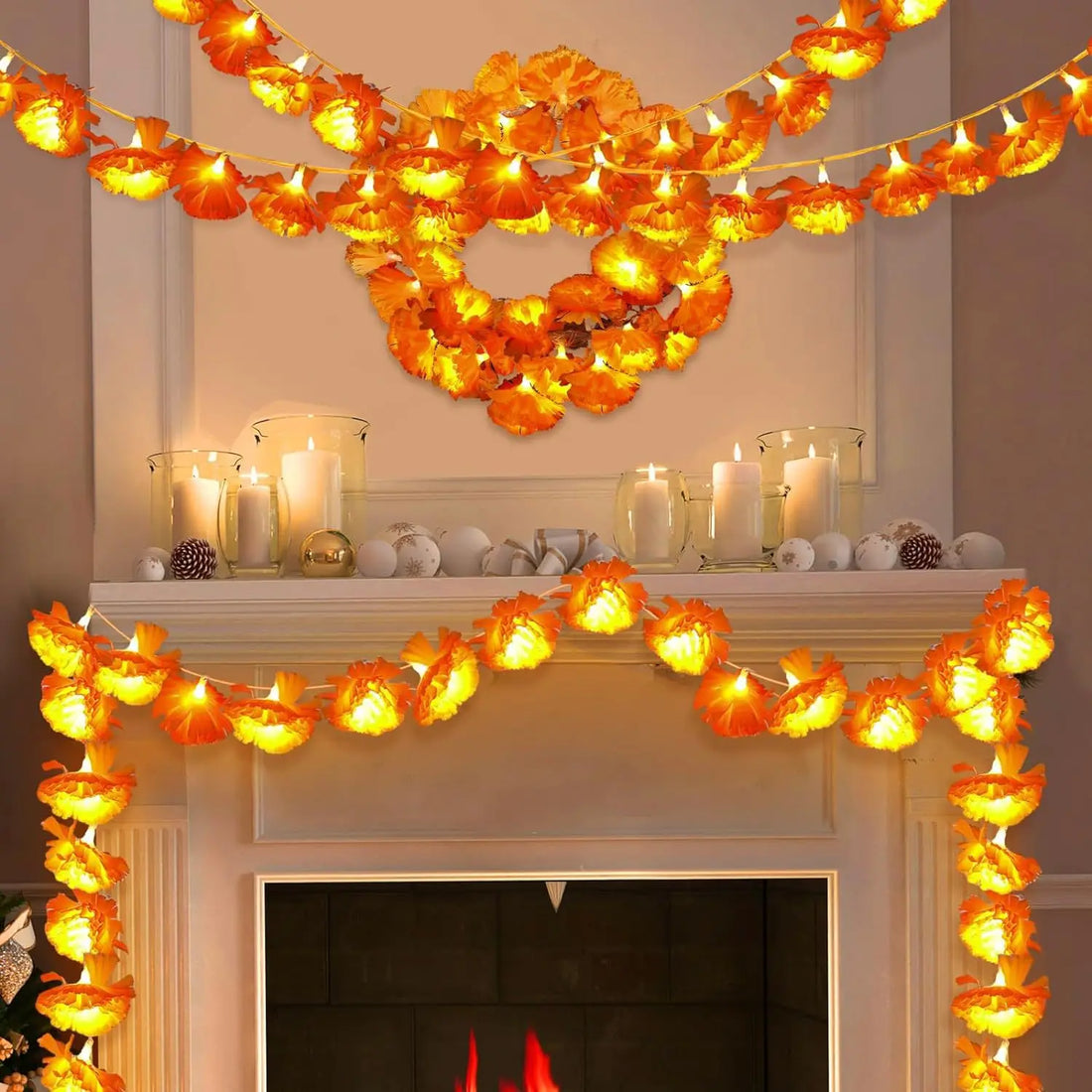 Halloween Marigold LED Lights Battery Operated Garland String Lights Diwali Outdoor Indoor Decoration Artificial Marigold Flower