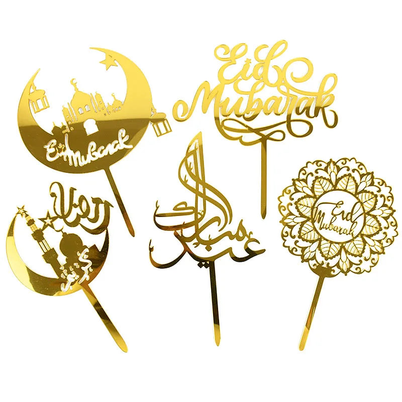 Eid Mubarak Cake Topper Set Shiny Acrylic Ramadan Kareem Birthday Sign Cupcake Toppers Birthday Party Cake Decorations Supplies