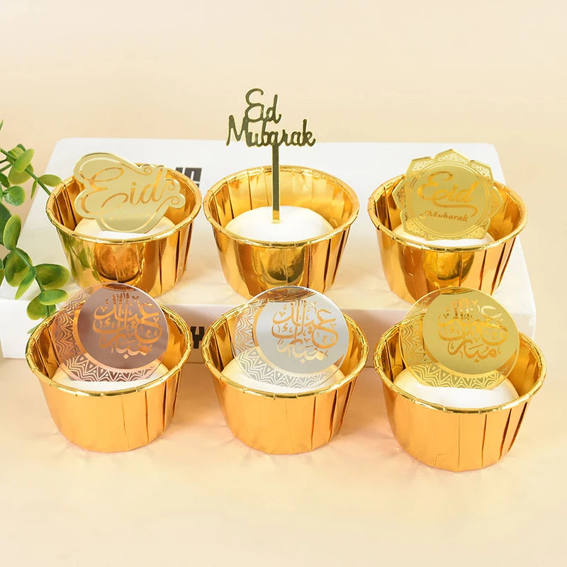 10Pcs/lot Eid Mubarak Acrylic Cupcake Toppers Mirror Gold Cake Topper 2024 Ramadan Islamic Muslim Party DIY Decorations Supplies