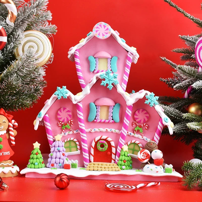 Christmas scene bread soil big candy house decoration pink cute glowing cake house birthday gift decoration supplies