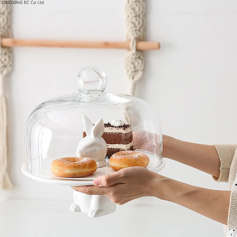 Nordic Cute Rabbit Cake Dish Ceramic Fruit Platter Dessert Dish Glass Cover Simple Household Birthday Party Wedding Supplies