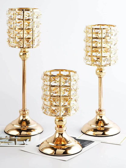 Gold Crystal Candle Holder – 1pc Tealight Candlestick Centerpiece in 3 Sizes