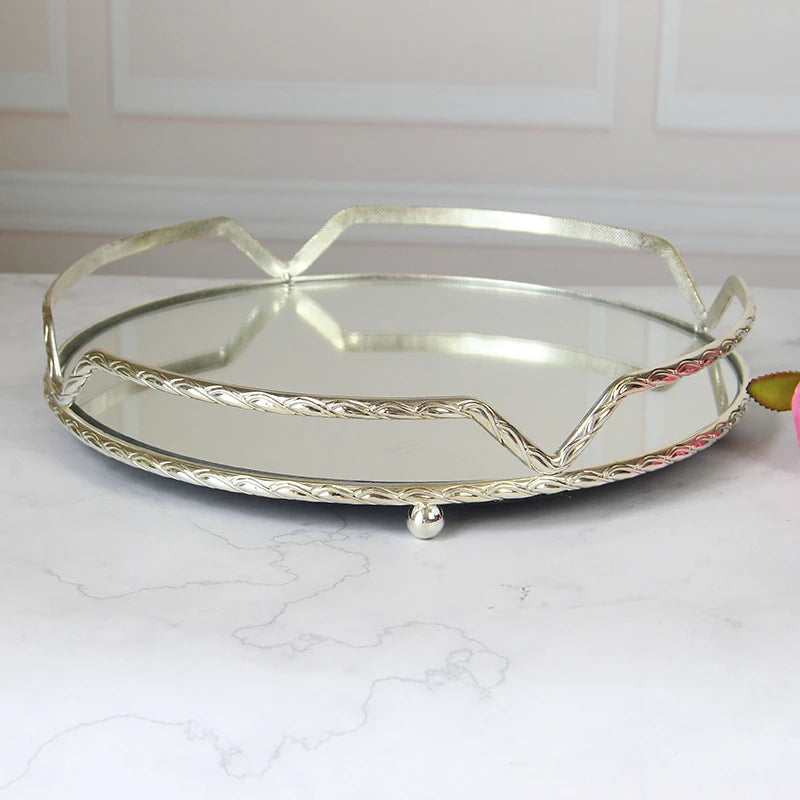 European-style Round Light Luxury Luxury Alloy Fruit Tray Tray Alloy Mirror Storage Tray High-end Cake Tray Household Supplies