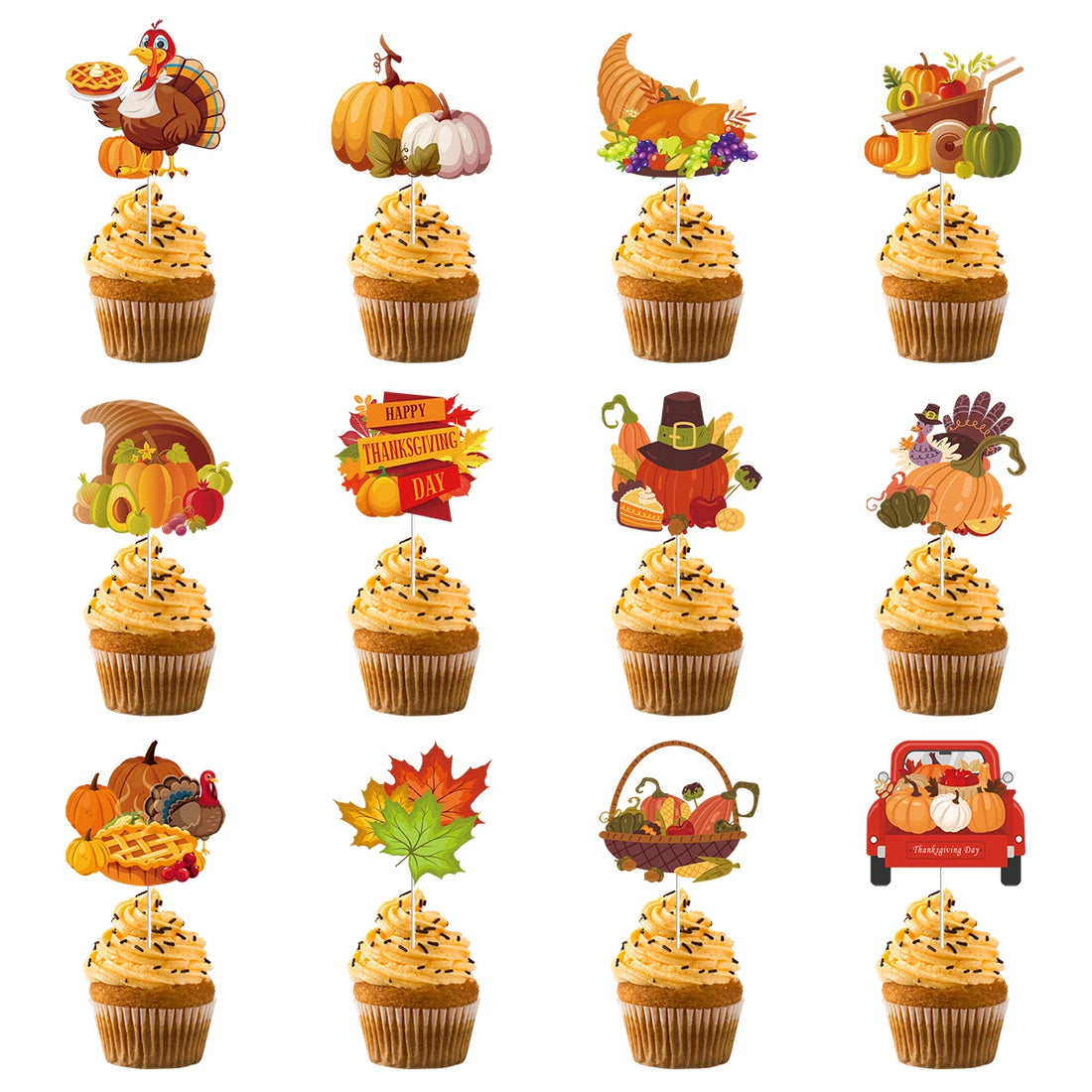 12/24pcs Thanksgiving Cupcake Topper Pumpkin Maple Cake Topper Fall Themed Turkey Food Picks Autumn Thanksgiving Cake Decoration
