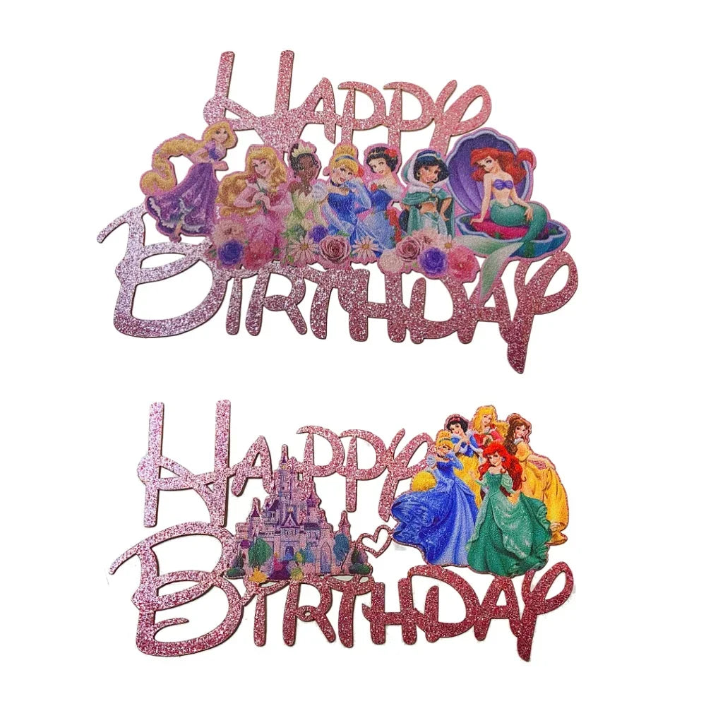 Disney Princess Cake Toppers Pink Glitter Princess Cake Decor For Baby Shower Kids Girls Birthday Party Cake Flag Decorations