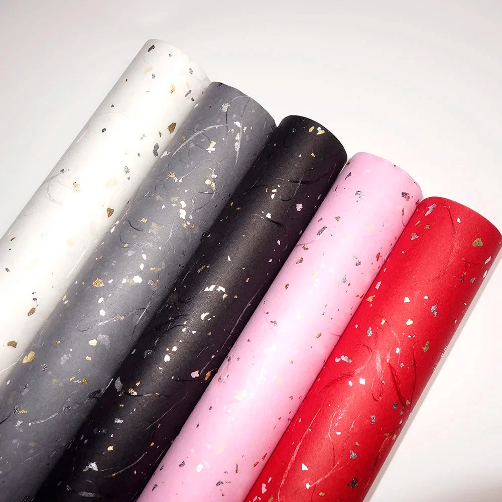 Korean Floral Wrapping Paper Set – 5 Sheets in 6 Colors with Gold/Silver Sparkle Accents