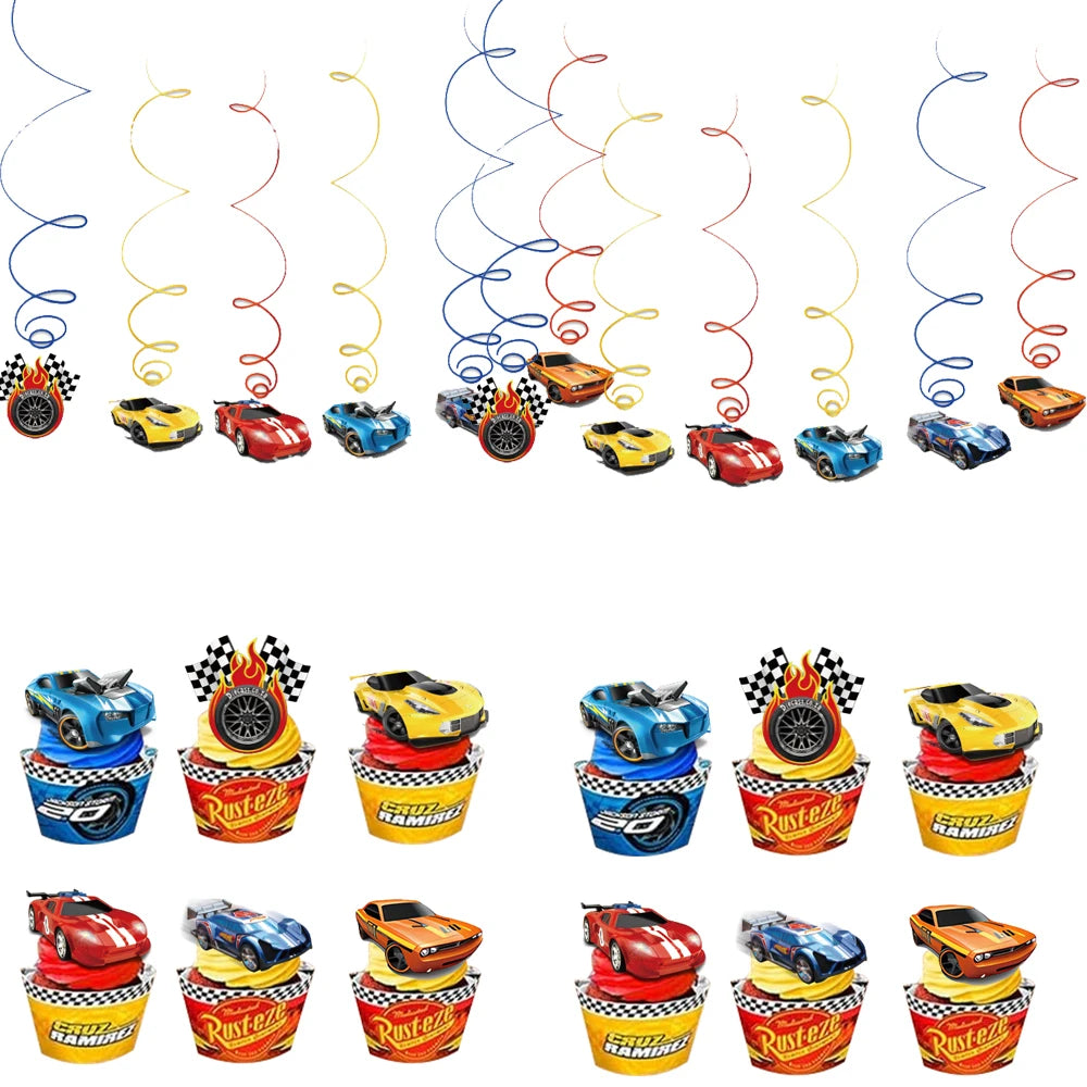 Hot wheels Cake Topper Hanging Swirls Decorations Happy Birthday Party Supplies for Boys Gifts Baby Shower Party Favors Table