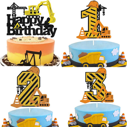 Construction Excavator 1 2 3 4th Happy Birthday Cake Topper Digging Machine Crane Baby Shower Kids Engineering  Party Supplies