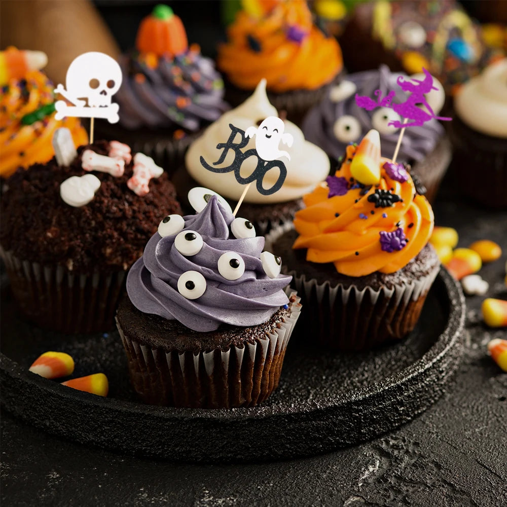 Halloween Cupcake Toppers Glitter Ghost Pumpkin Cat Boo Witch cake Picks for Happy Halloween Theme birthday party Baking Decor