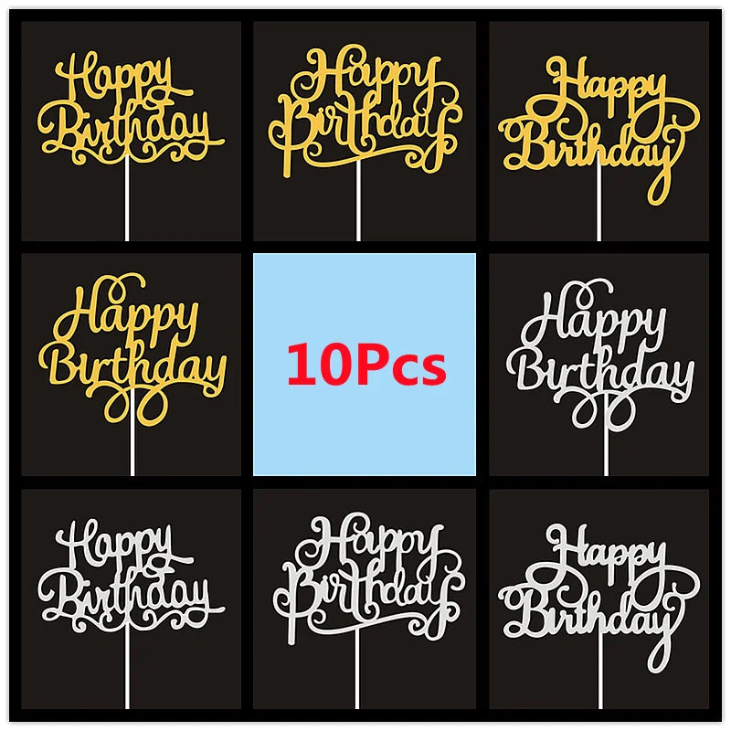 10 Pcs / Bag Gold Silver English Happy Birthday Cake Toppers Birthday Party Decorations Baking DIY Accessories