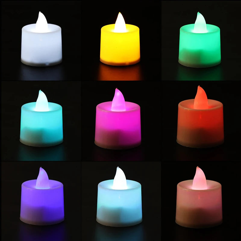 12-1Pcs Colorful LED Candles Battery Operated Flameless Tealight Fake Candles Lamp Wedding Birthday Party Home Decoration Lights