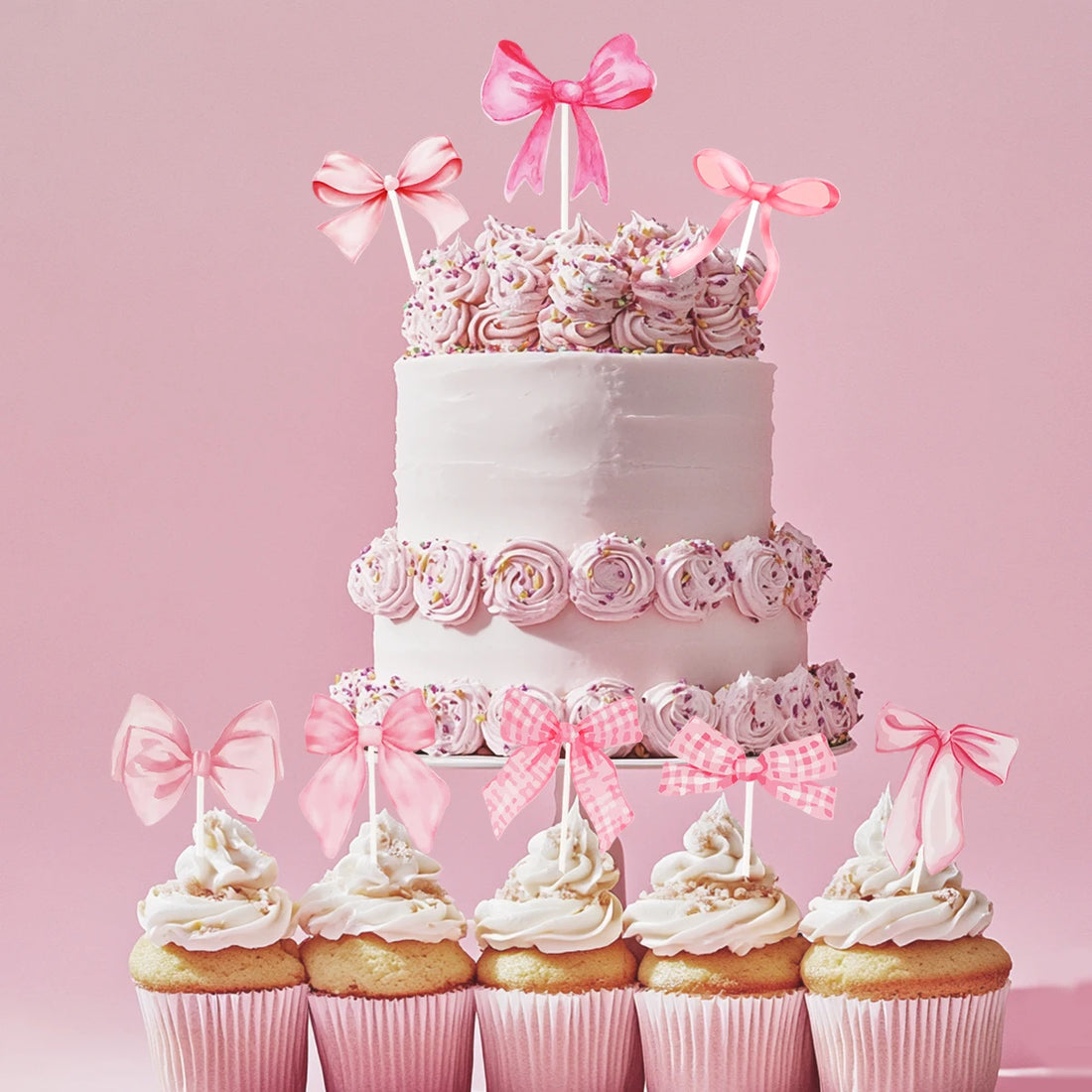 16pcs Pink Bow Shaped Cake Topper Happy Birthday Party Decoration Kids Girl Wedding Baby Shower Party Supplies Cupcake Decor