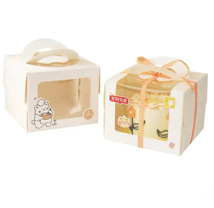 100Pcs 4 Inch Cartoon Window White Cake Box With Handle Kraft Paper Cheese Cake Box Kids Birthday Wedding Home Party Supply SN