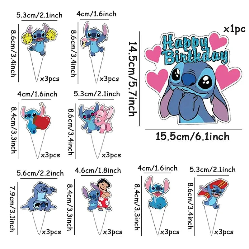 Lilo &amp; Stitch Blue Glitter Cake Toppers Kids Favor Pink Angel Party Cake Topper Cupcake Topper for Kid Birthday Decor Baby Showe
