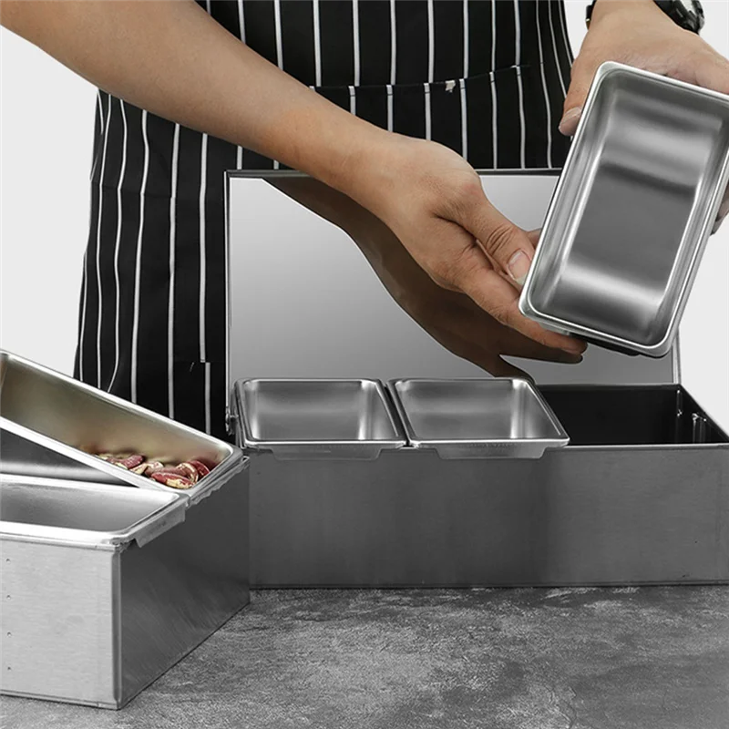 A29M-Section Seasoning Box Stainless Steel Ingredients Box Cheese Sauce Salt Sugar Box Spice Jar Baking Tool
