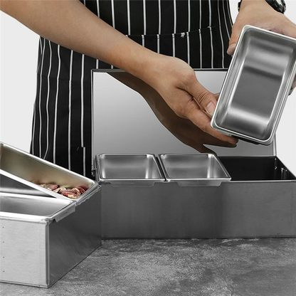 A29M-Section Seasoning Box Stainless Steel Ingredients Box Cheese Sauce Salt Sugar Box Spice Jar Baking Tool