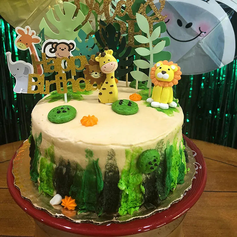 Jungle Safari Birthday Cake Topper Zoo Monkey Lion Jungle Party Cake Toppers Animal Birthday Theme Cupcake Wrappers Cake Flag