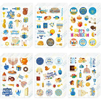 6 Sheets Cartoon Hanukkah Theme Candle Sealing Sticker Chanukah Round Gift Box Label for Jewish Happy Hanukkah Party Decoration