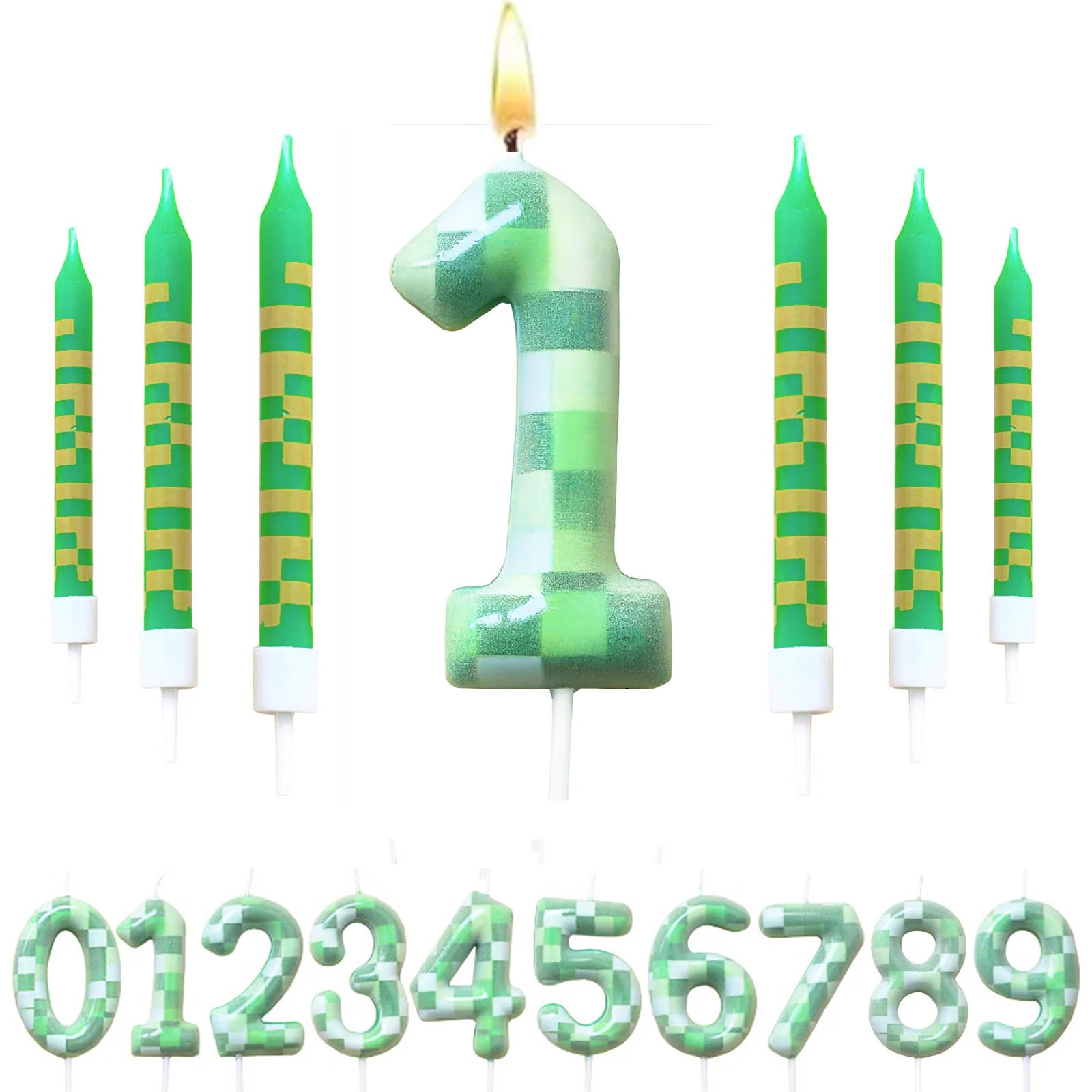 7 Pieces Digital Cake Candle Decoration Minecraft Theme Green, Wishing Candle Kids Birthday Party, Digital Cake Candle Decoratio