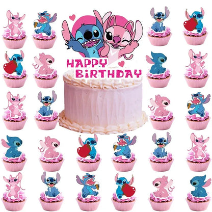 Lilo &amp; Stitch Blue Glitter Cake Toppers Kids Favor Pink Angel Party Cake Topper Cupcake Topper for Kid Birthday Decor Baby Showe